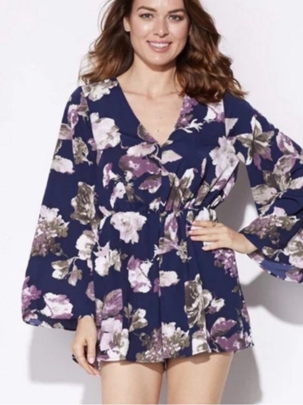Fall Floral Navy & Purple Bell Sleeve Open Back Shorts Romper